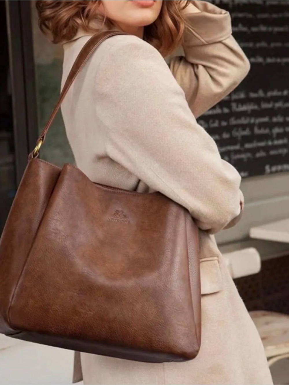 Women's Brown Leather Tote Bag with Shoulder Strap
